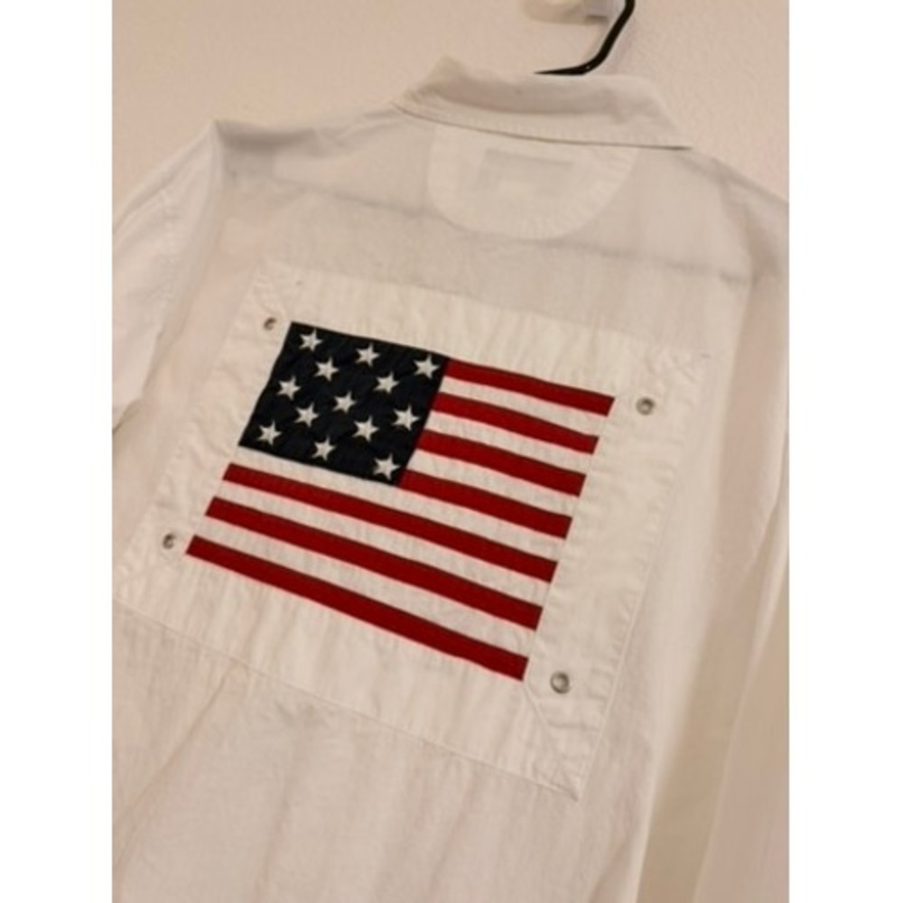 David Paul New York White Cotton American Flag Back Patch Button Down Shirt XL